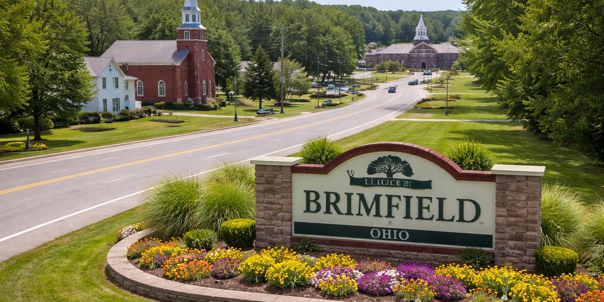 welcome to brimfield, ohio sign welcoming everyone to the city