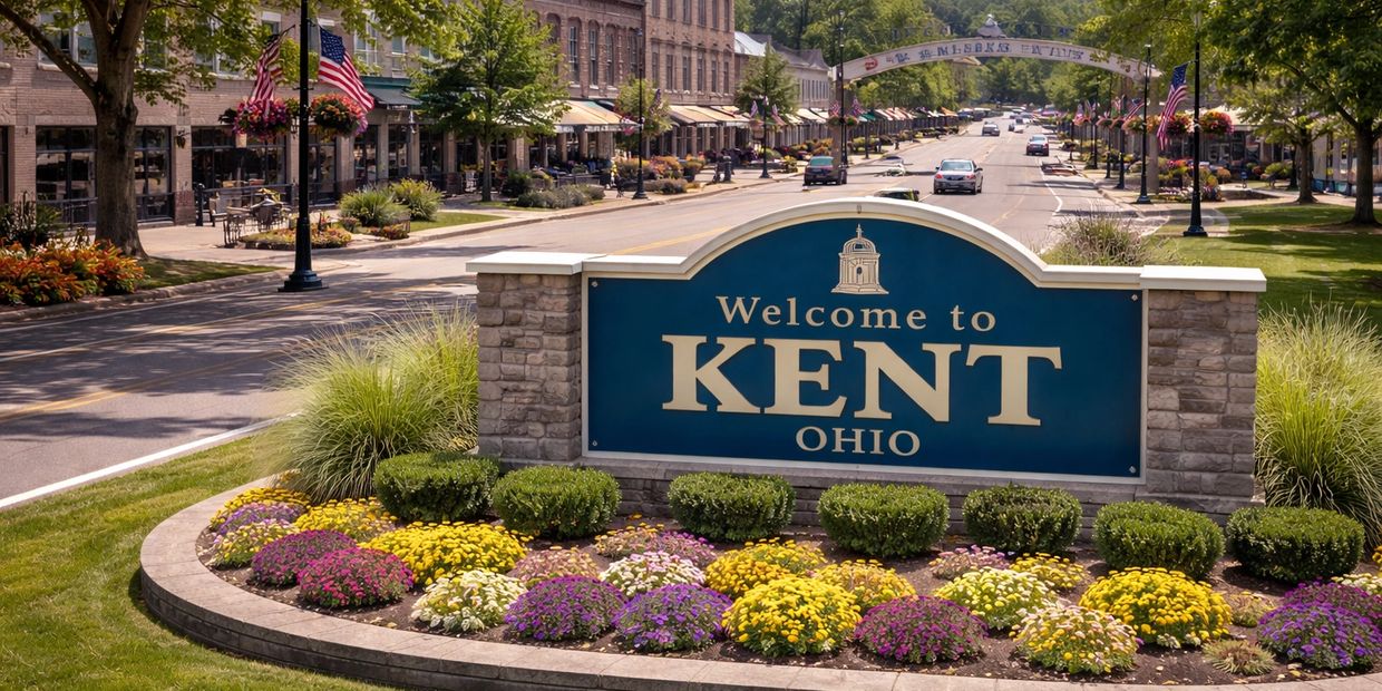WELCOME TO KENT OHIO SIGN welcoming people to the city