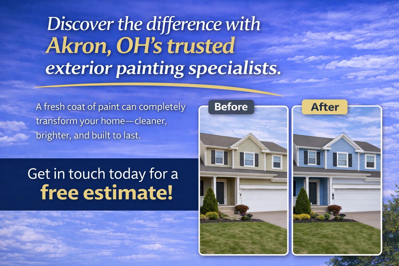 Before and after images showing exterior house painting by Akron, OH specialists.