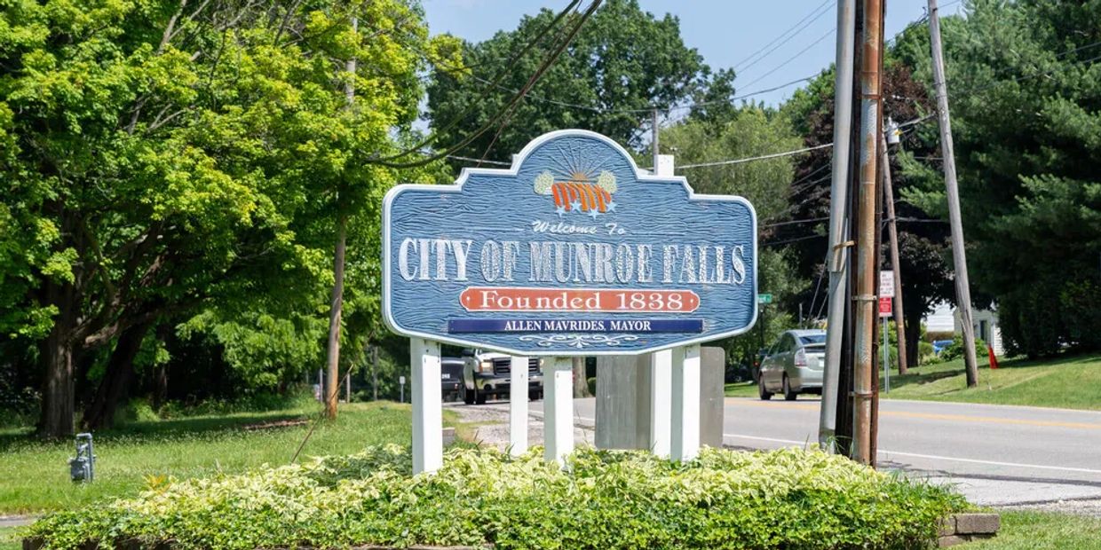 Welcome sign for the City of Munroe Falls, established in 1838.
