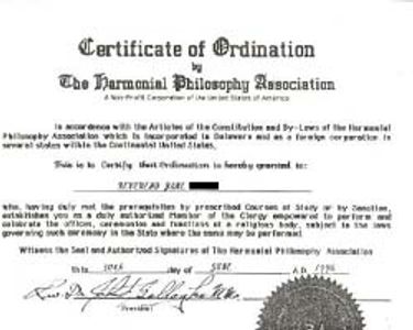 Reverend Jane's certificate of ordination