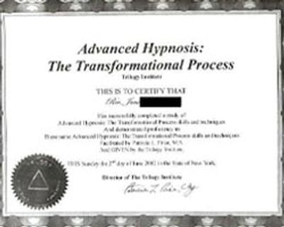 Reverend Jane's certificated for advanced hypnosis