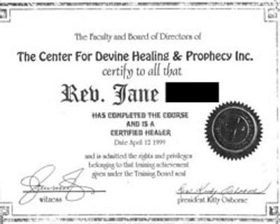Reverend Jane's certificate of accomplishment for healing
