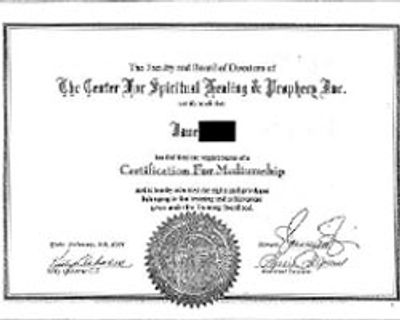 Reverend Jane's certificate of mediumship