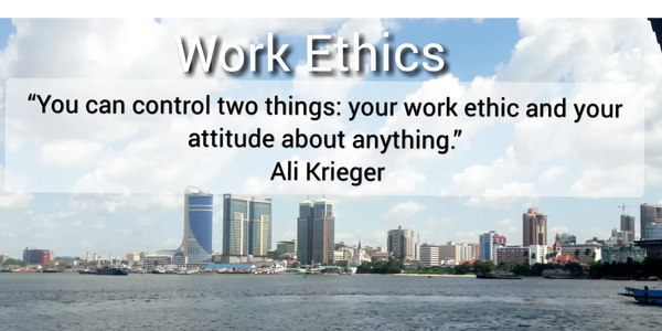 Inspirational quote on work ethics over a city skyline by the water.