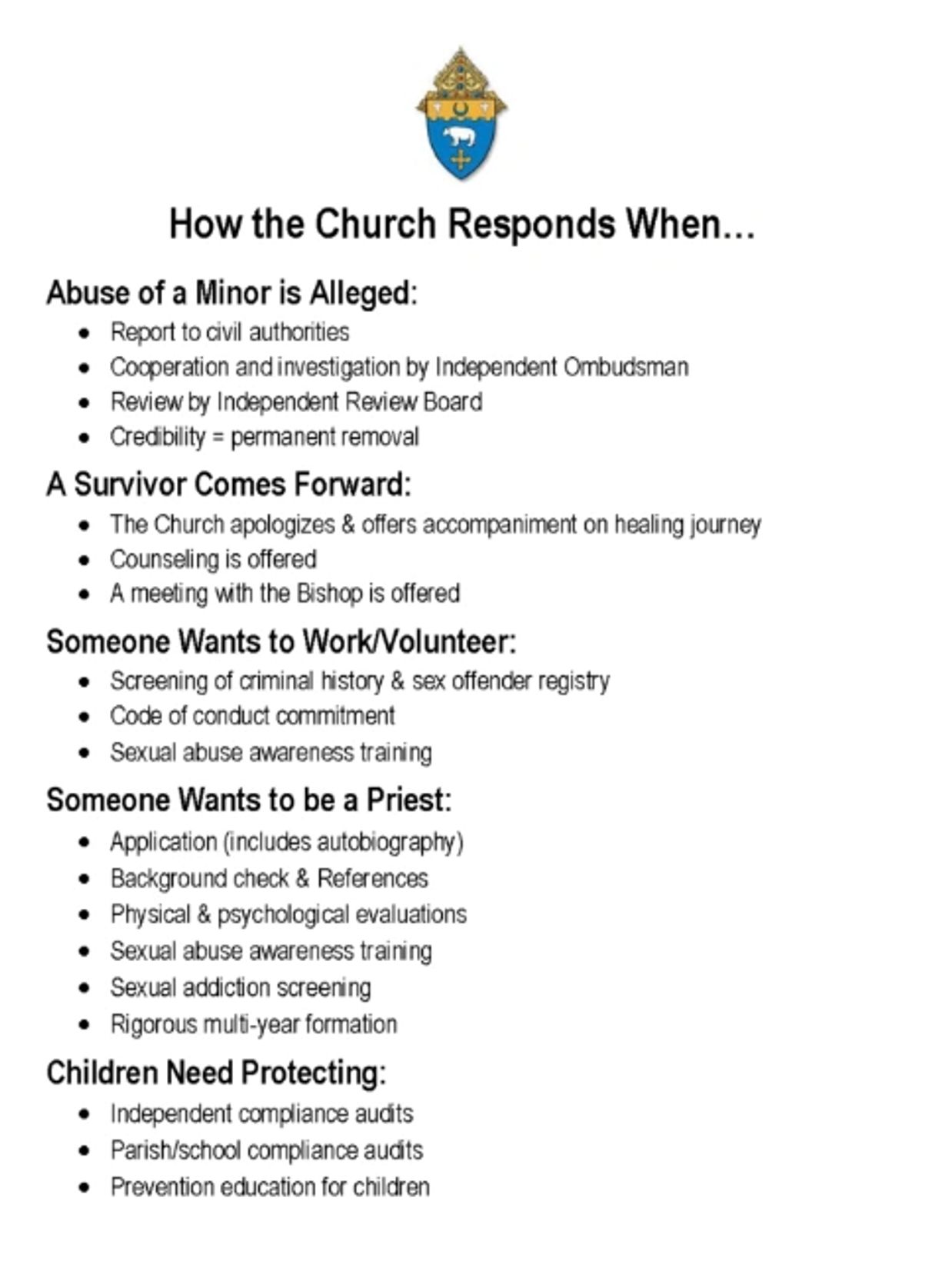 Summary of Church's responses to abuse allegations and protection measures.