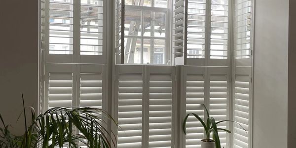 White plantation shutters covering a window with two potted plants in front.