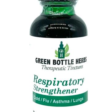 Green Bottle Herbs Respiratory Strengthener tincture for cold and asthma relief.