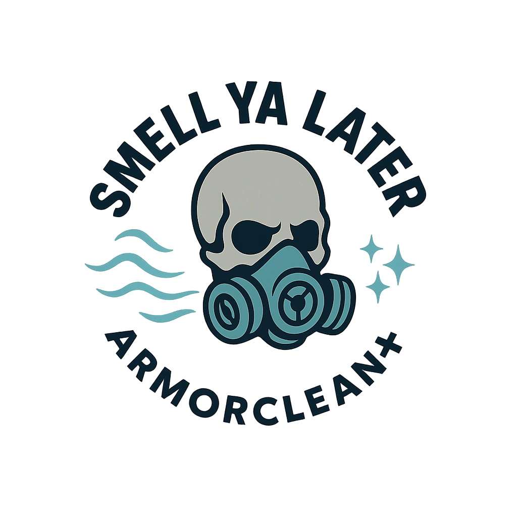 Skull wearing a gas mask with the text 'Smell Ya Later ArmorClean+'.
