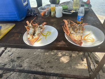 Grilled lobsters served on plates at an outdoor seaside setting.