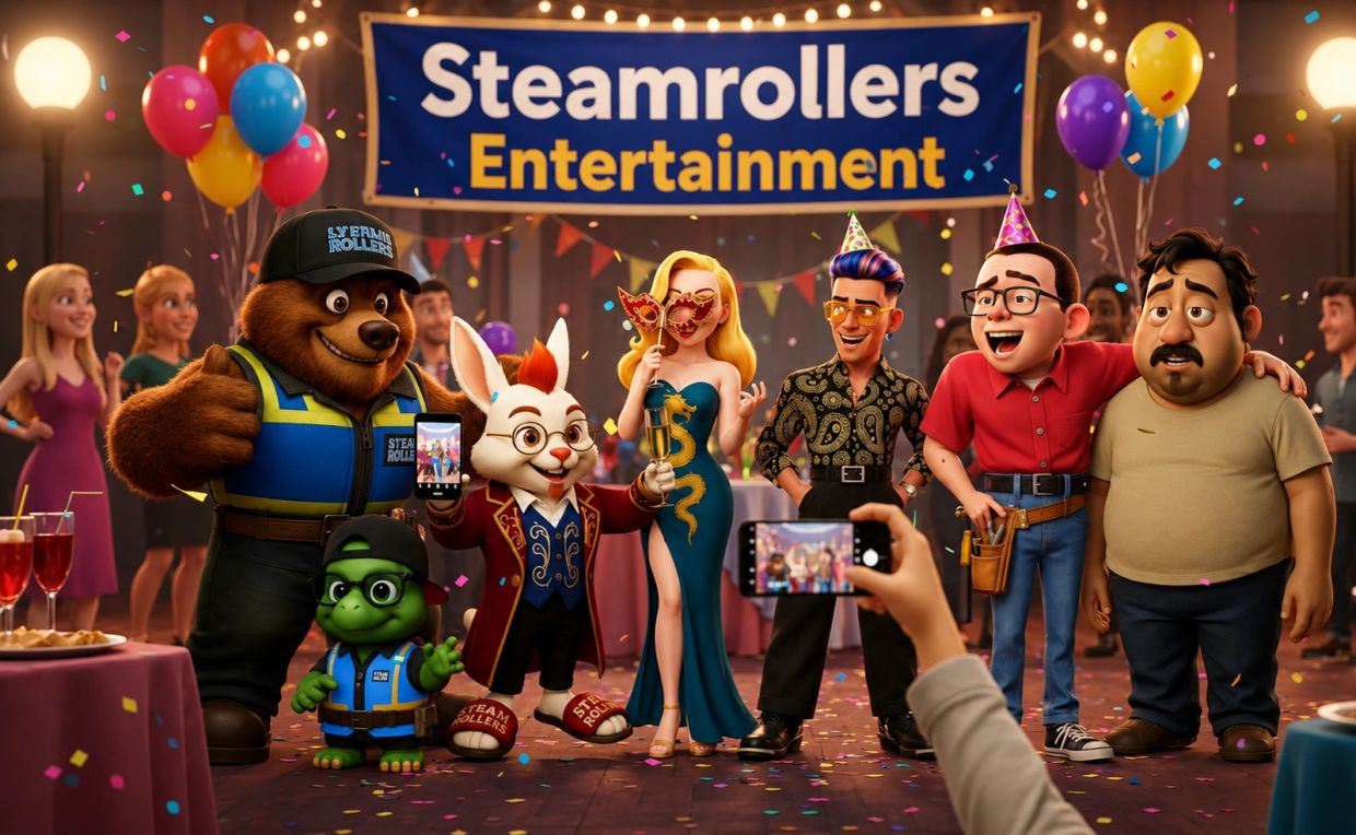 Animated characters celebrate at a party with balloons and confetti under a Steamrollers Entertainment banner.