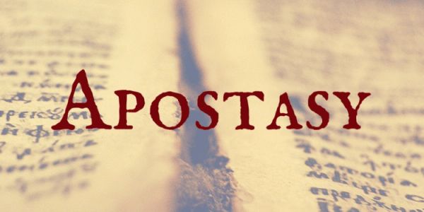 The word 'Apostasy' prominently displayed over blurred text background.