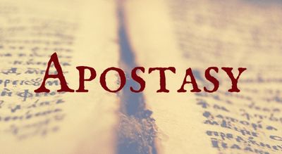 The word 'Apostasy' written over an old, blurred book background.