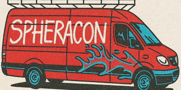 Illustration of a red van with 'SPHERACON' and blue flame graphics.