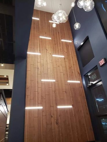 47 ft Oak wall at Del Frisco's Double Egale Steakhouse. Boston Massachusetts. 2018