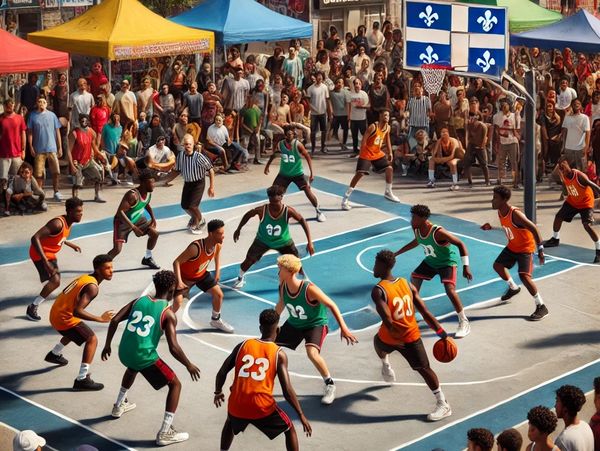Partie de basketball 3x3 entre jeunes afro-descendants dans une ambiance festive, avec de nombreux s