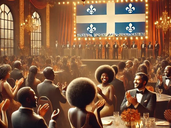 Soirée gala avec invités afro-descendants élégamment habillés, remises de prix sur scène décorée et