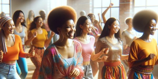 Femmes immigrantes souriantes en pleine séance de danse afro-caribéenne dans un studio communautaire