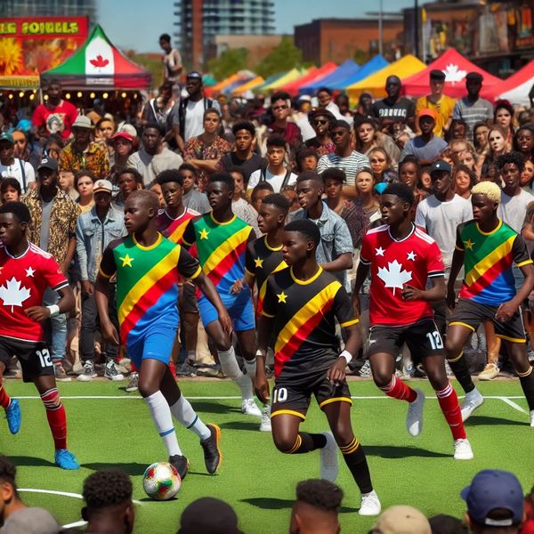 Match de soccer 3x3 à Gatineau entre jeunes majoritairement afro-descendants portant des maillots in