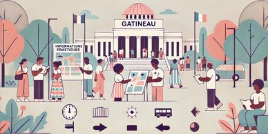 Informations pratiques – Gatineau", montrant des personnes consultant une carte ou des panneaux, ave