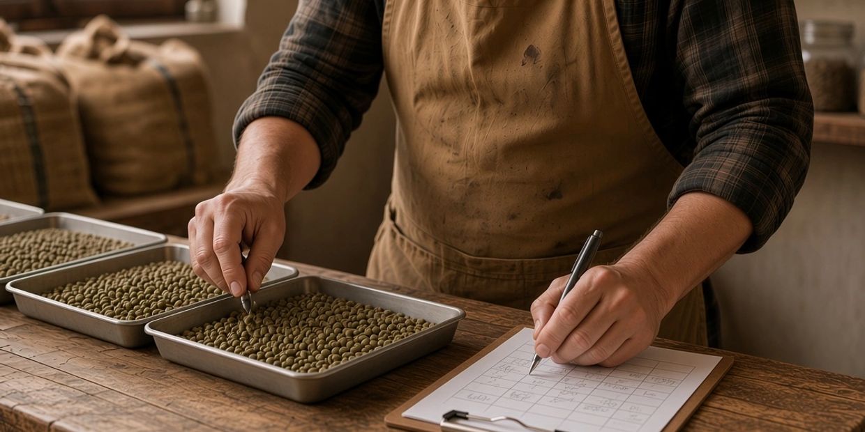 Person inspecting green coffee beans and taking notes.