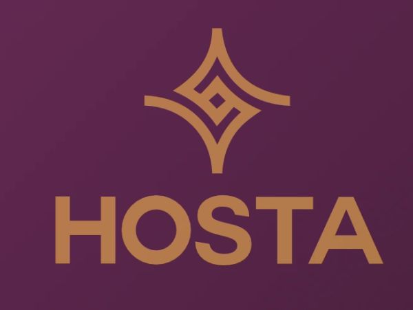 Logotipo marrón de HOSTA sobre fondo morado.