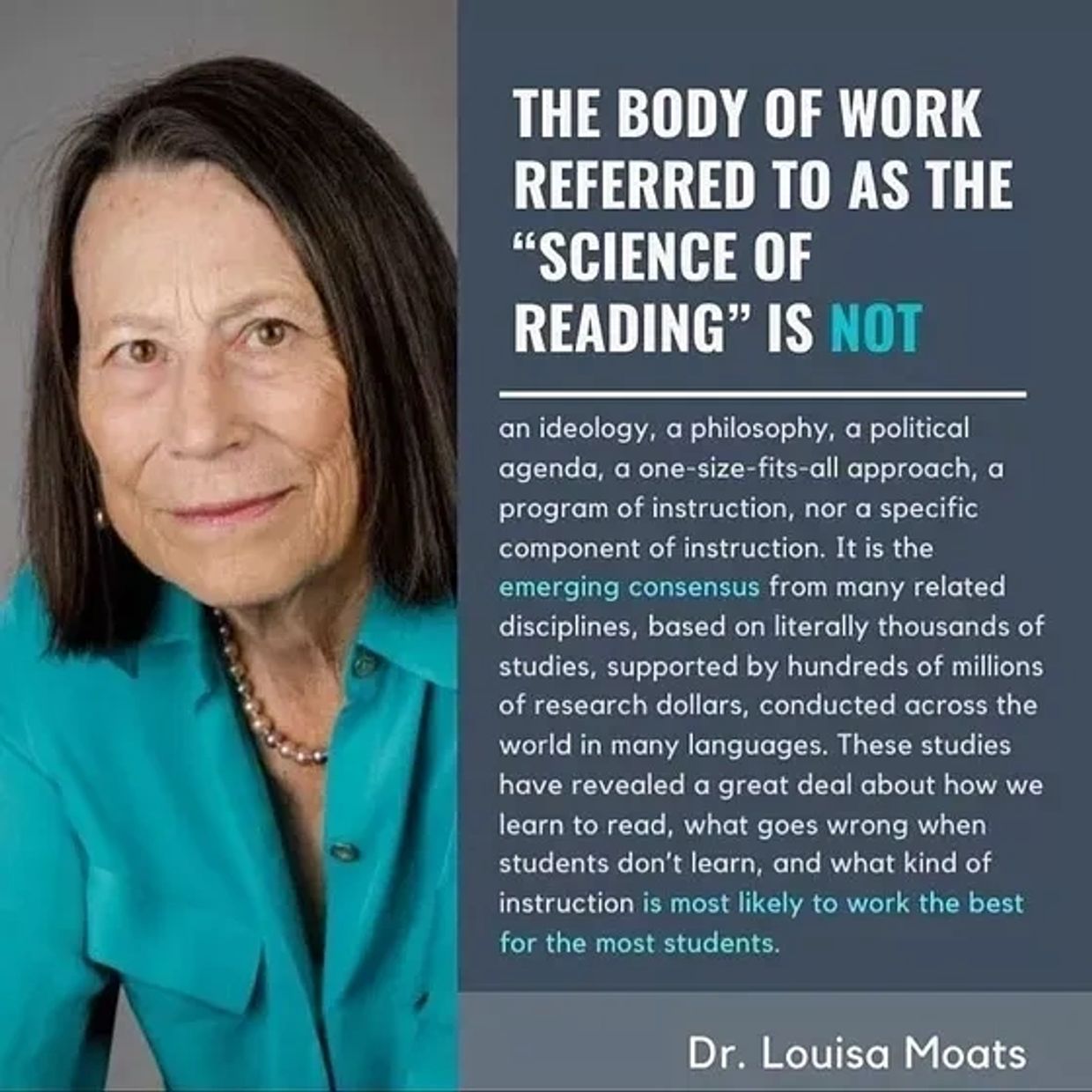 A picture of Dr. Louisa Moats and the definition of the Science of Reading.