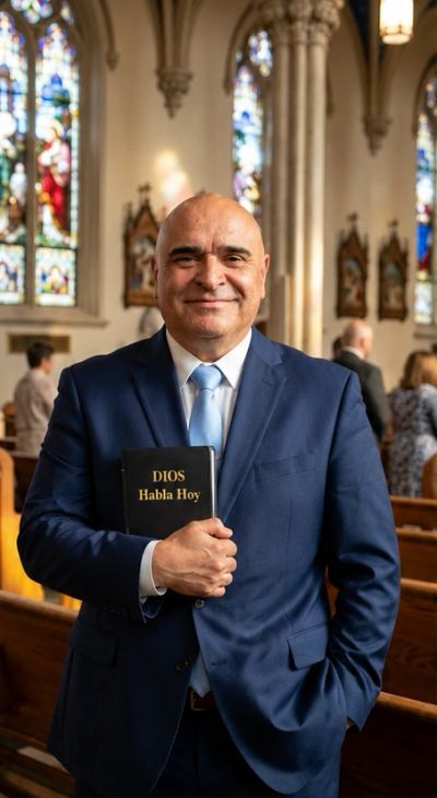 Man in suit holding a Spanish Bible inside a church.