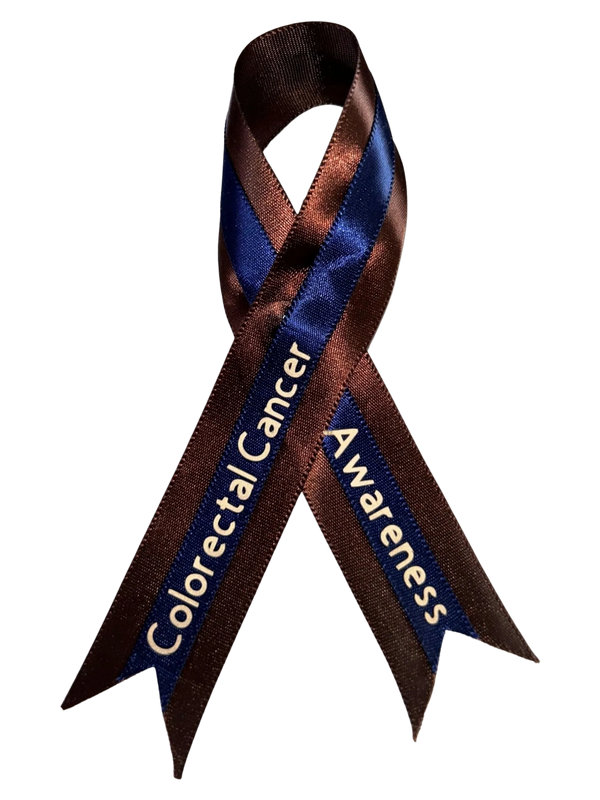Mel’s blue and brown colorectal cancer awareness ribbon