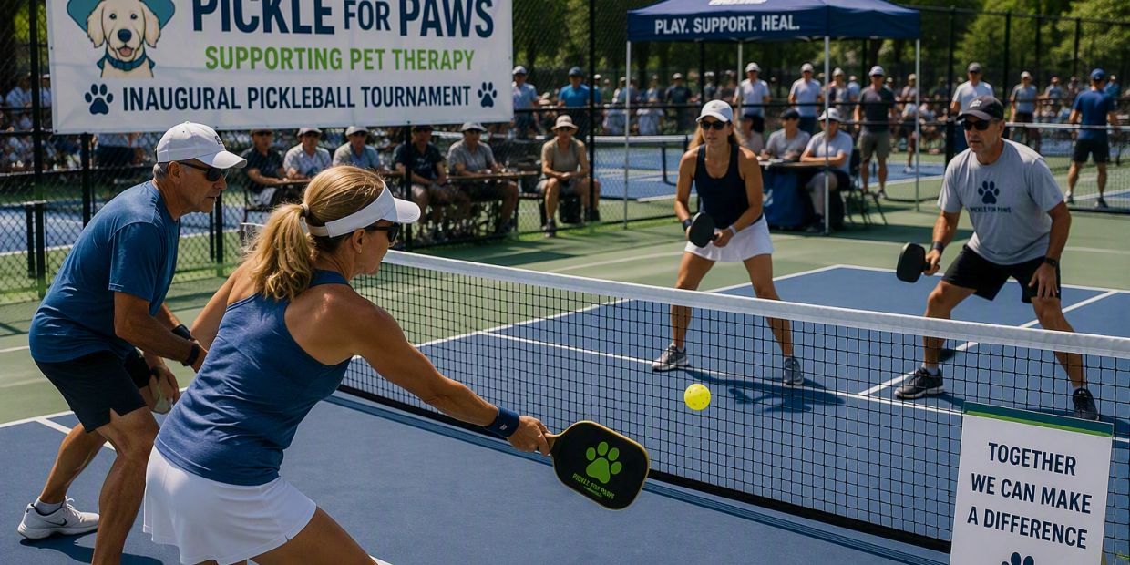 People playing pickleball at a charity event supporting pet therapy.