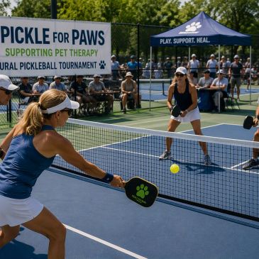 Two women playing pickleball at a charity tournament.