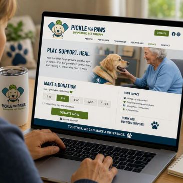Person browsing the Pickle for Paws pet therapy donation webpage.
