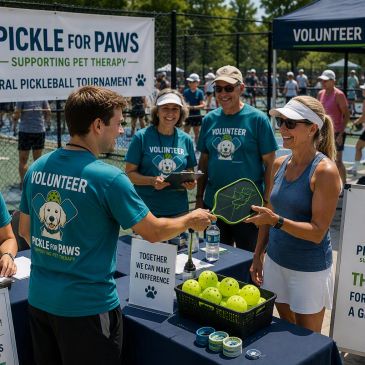 Volunteers handing out pickleball paddles at event booth.