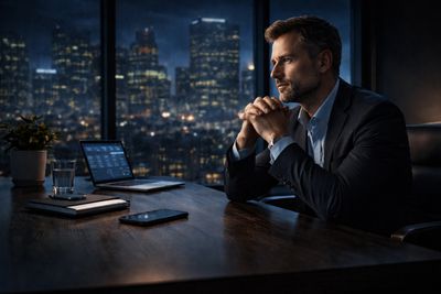 Businessman in deep thought at office desk with city skyline at night.