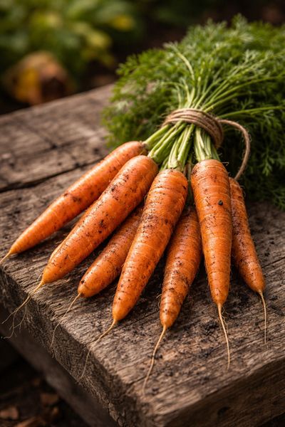 Freshly harvested carrots with green tops tied together on wooden surface.