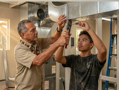 Two men working together to fix HVAC ductwork with tools.