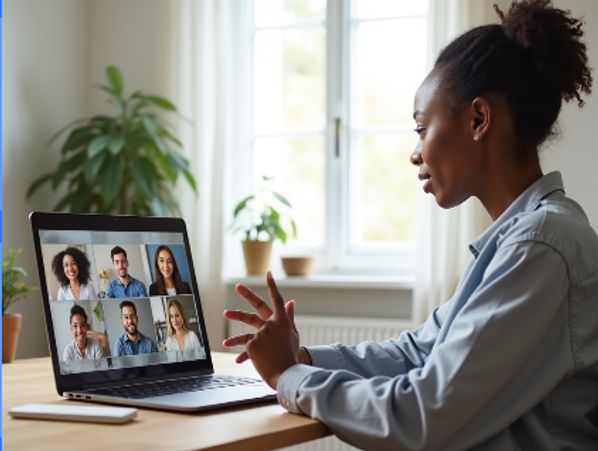 Woman video chatting with a group on her laptop.