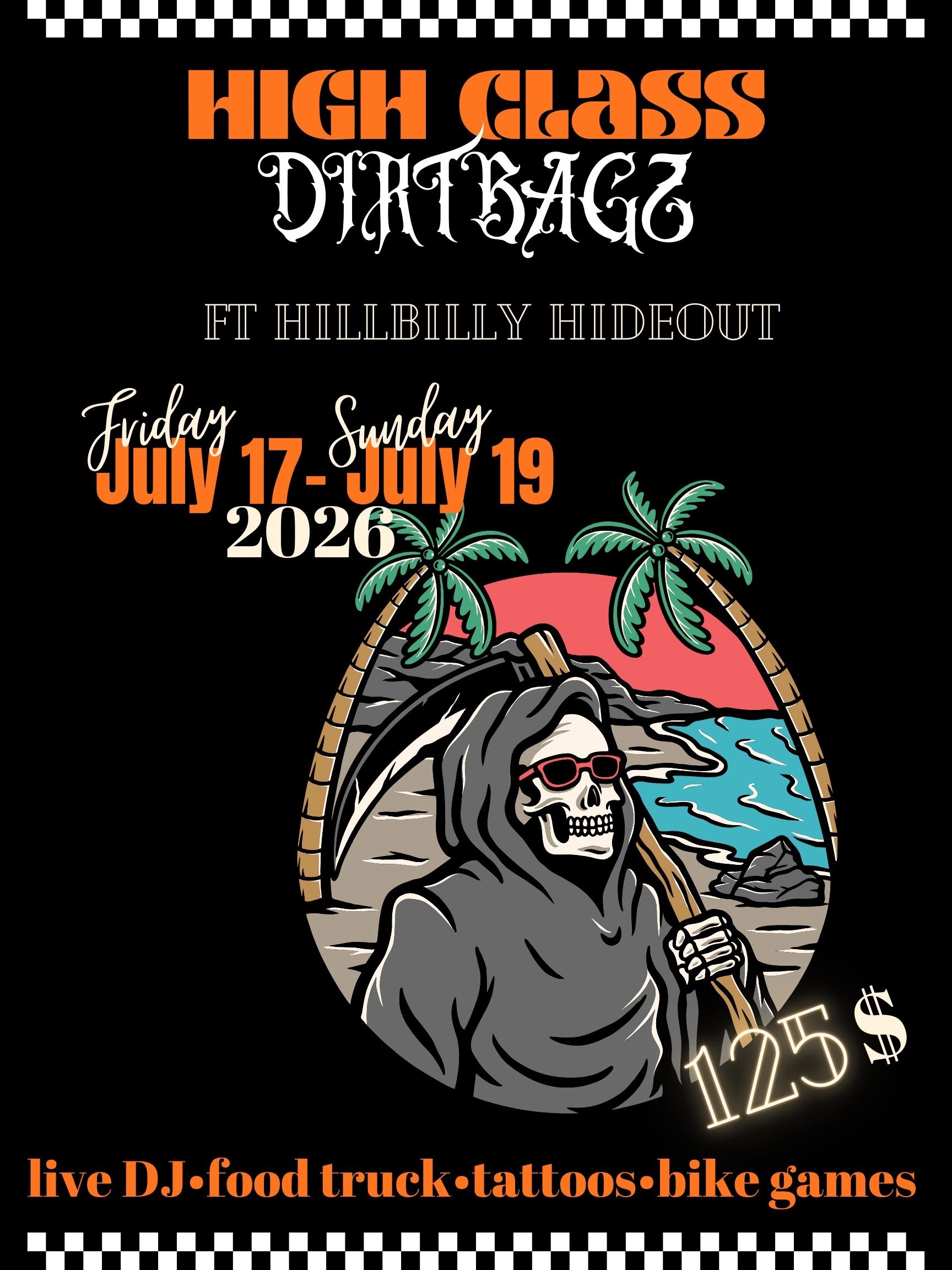 BYOB, bring your own food for the weekend, moto camping style, bring all your own camping gear, no i