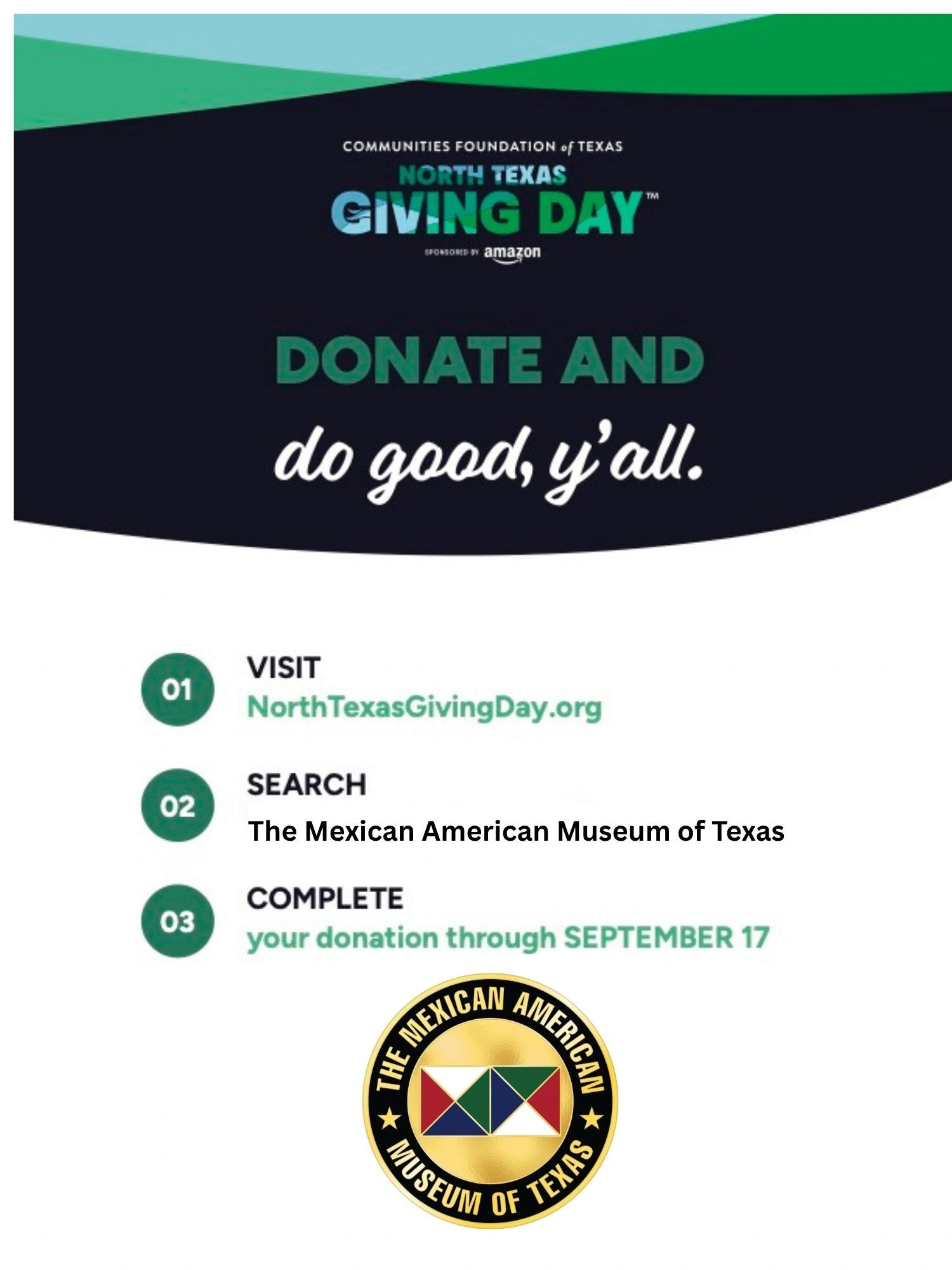 Donation instructions for North Texas Giving Day supporting The Mexican American Museum of Texas.
