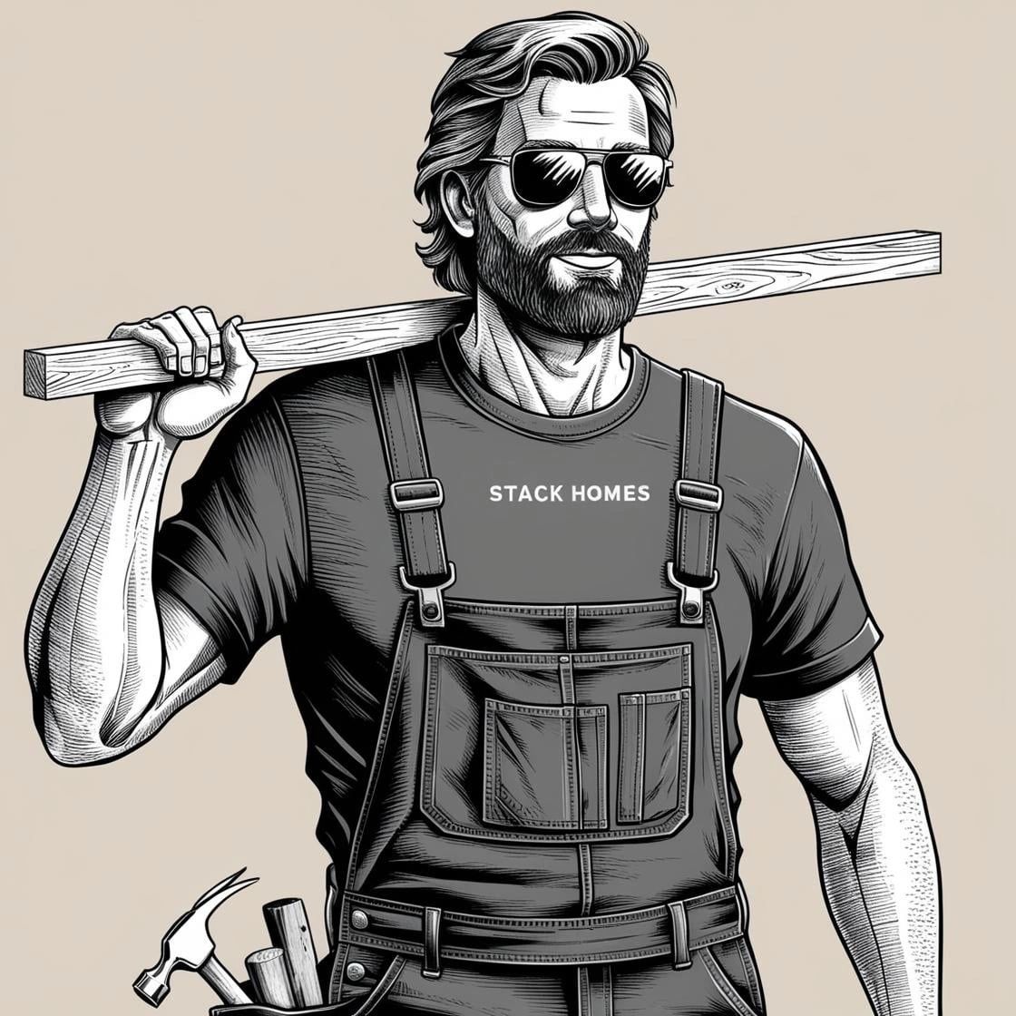 Illustration of a confident builder with sunglasses and a tool belt, holding a wooden plank.