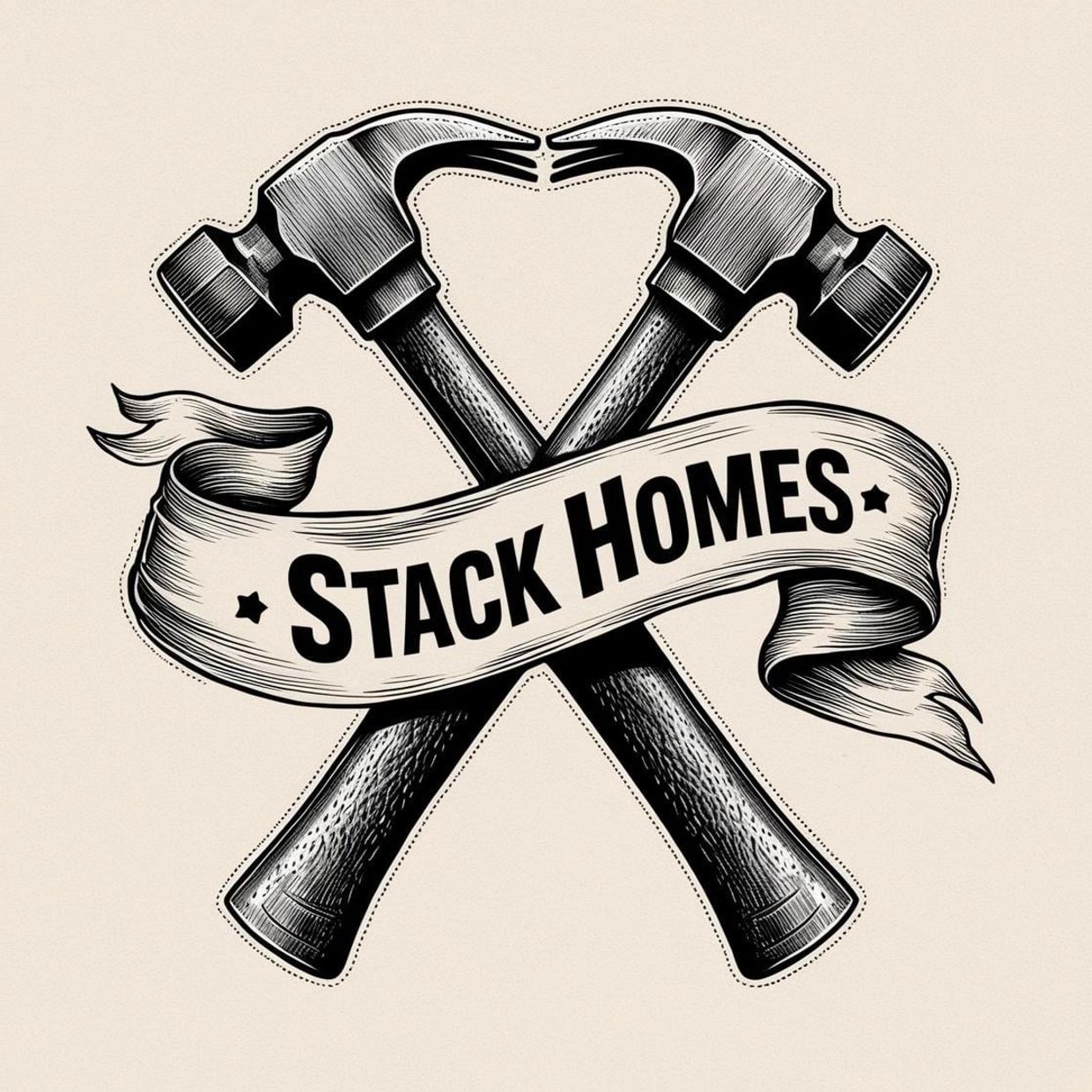 Two crossed hammers with a ribbon reading 'Stack Homes'.
