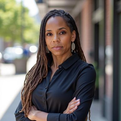 Confident woman with long dreadlocks in black shirt outdoors.