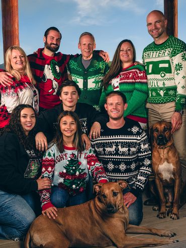Family's Christmas portrait, on location in their Smoky Mountain retreat.