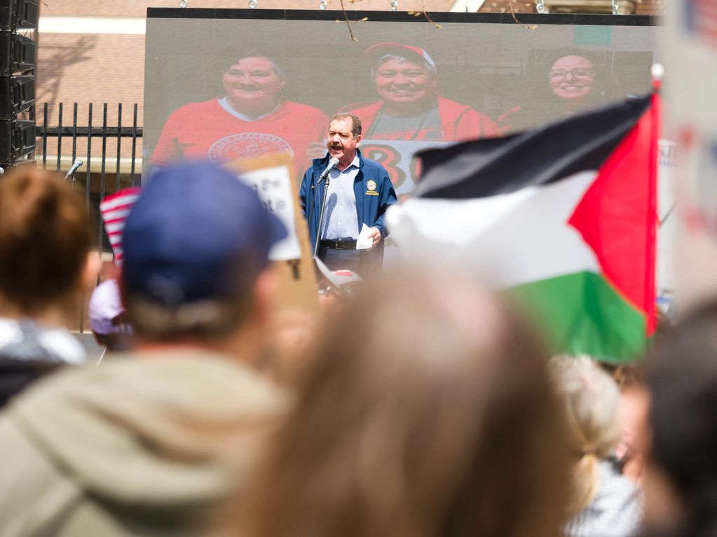 U. S. Representative, Jesus Garcia delivers speech to May Day protesters at Union Park, Chicago. May