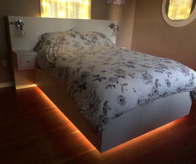 Stonewood Joinery Victoria BC Queen floating Headboard cubbies wireless charging mood lighting
