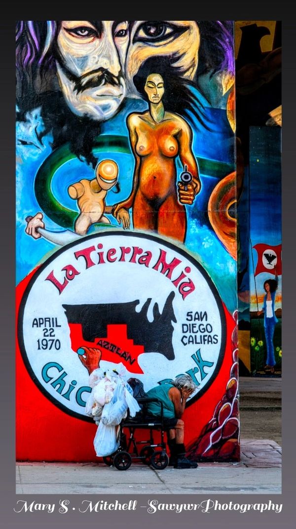 Elderly person sitting in wheelchair under vibrant mural with La Tierra Mia artwork.