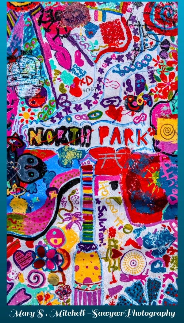 Vibrant graffiti mural with colorful patterns and 'NORTH PARK' text.