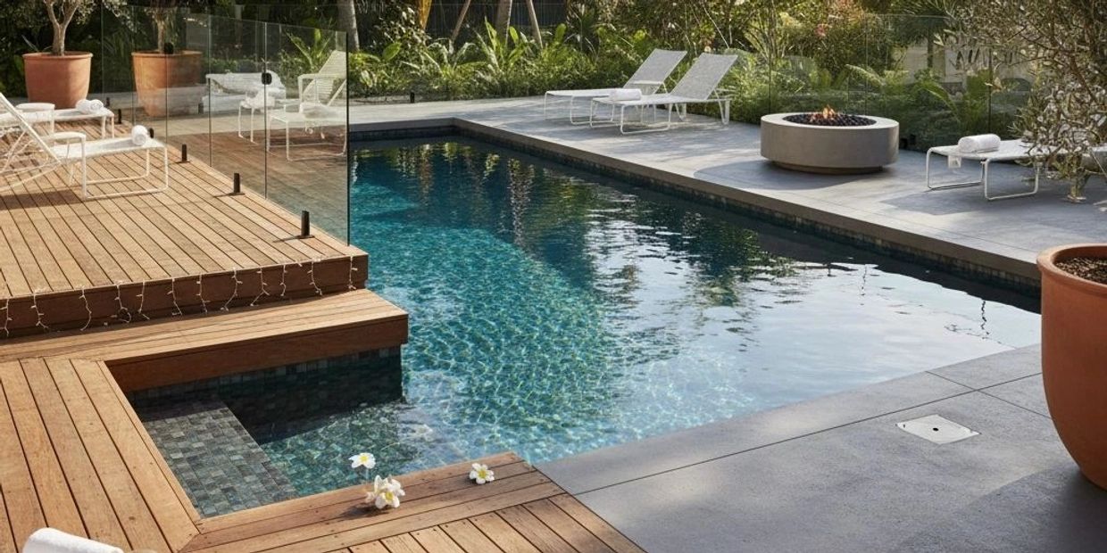 Modern outdoor pool with wooden deck and white lounge chairs.