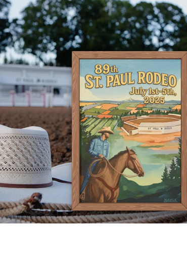 Framed poster for the 89th St. Paul Rodeo, July 1-5, 2025, with cowboy on horseback illustration.