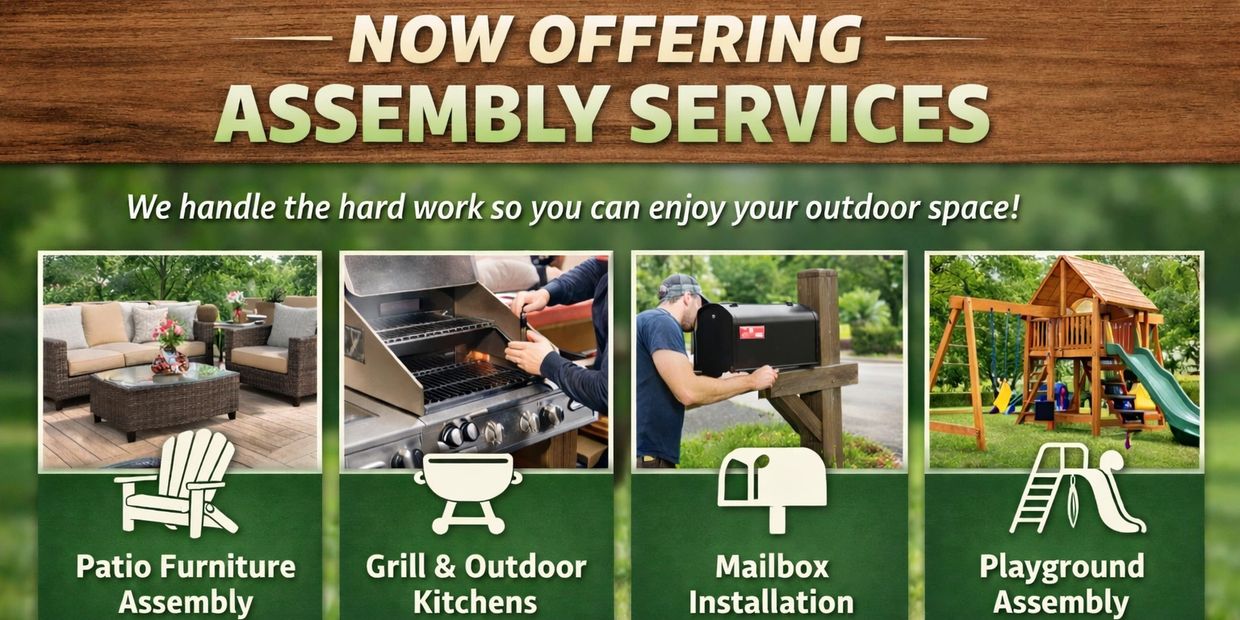 This promotional graphic for Willis Outdoors LLC announces their new assembly services.